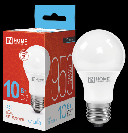 Лампа Led Е27 10Вт 6500К холодный свет груша In Home
